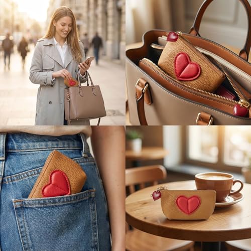 Red Heart Design Small Coin Purse - Cute Compact Keychain Change Purse Soft Leather Wallet with Zipper for Women (Brown) - color: Brown