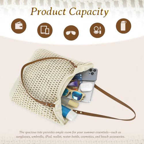 GOKTOW Crochet Beach Bag Women Woven Tote Handbag Casual Boho Bags Large Shoulder Purse For Summer Vacation Travel - color: Beige