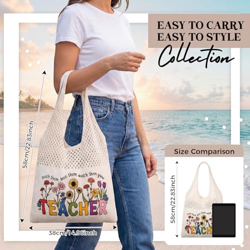 Shinylin Personalized Crochet Tote Bag for Beach Women Beige Mesh Knit Shoulder Bag Boho Aesthetic Tote for Women - style: Teacher Flowers