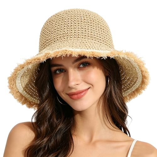 Straw Bucket Hat for Women Foldable Summer Beach Sun Hats Wide Brim Crochet Floppy Hat for Vacation Travel Shade & Style - color: Beige-d
