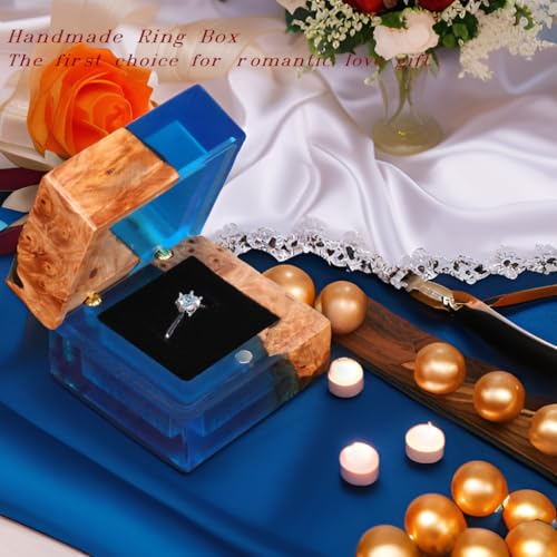 Wedding Ring Box, Handmade Wooden Ring Bearer Box for Proposal, Elegant Vintage Ring Holder Box, Engagement Ring Box with Single Slot, Suitable for Proposal, Wedding, Jewelry Storage - color: blue