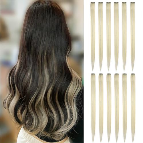 12pcs Clip in Blonde Hair Extensions, 22 Inch Colored Hair Extensions with Rainbow Tinsels, Holiday Party Highlights - color: Blonde