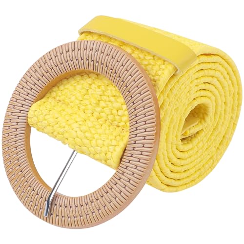 Women's Cotton and Linen Style Plastic Straw Braided Belt Circle Buckle for Dresses - color: Yellow