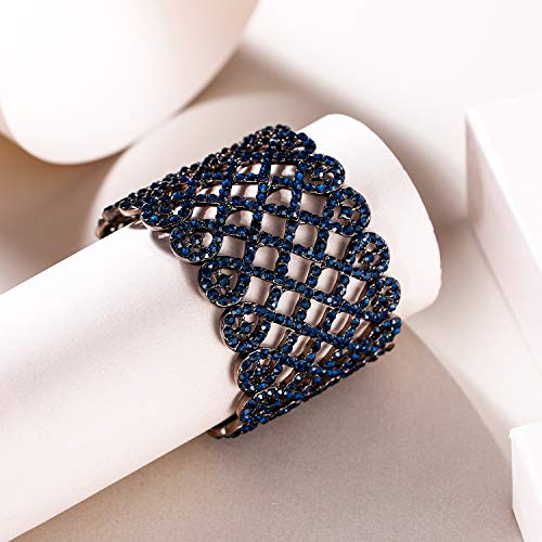 EVER FAITH Art Deco Love Knot Wide Stretch Bridal Bracelet Austrian Crystal - color: Blue Black-Tone