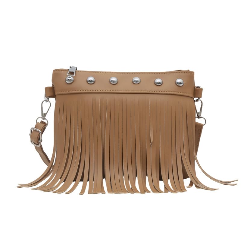 Fringe Shoulder Bag with Studs, Vintage Style Crossbody Purse, Spacious Women's Boho Bag - color: Khaki