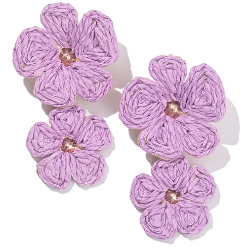 Boho Flower Earrings Statement Raffia Dangle Earrings Cute Floral Jewelry Trendy Summer Beach Vacation Outfits for Women - color: Purple