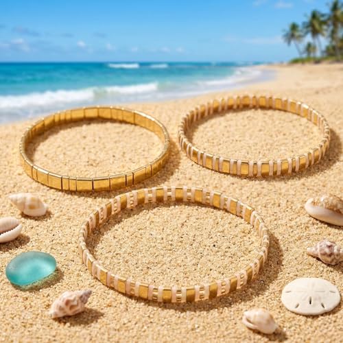 Tila Flat Square Stack Beaded Bracelets Set for Women Men, Boho 3Pcs Romantic Handmade Healing Gold Colorful Stretch Accessories Jewelry, Daily Vacation Party Holiday Friendship Gift - color: Different Gold