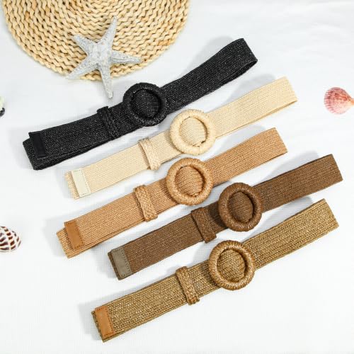 HOTWILL Women Straw Woven Belt Boho Elastic Stretch Braided Waist Belts for Summer Dresses - color: Camel_round Buckle
