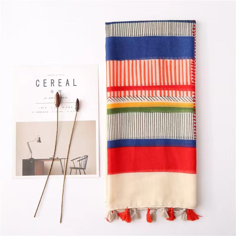 WaJuemy Travel Boho Scarf for Women Casual Lightweight Pashmina Scarves Fashion Multicolor Shawl Wraps with Fringed Beads - color: 02 Beight Multi