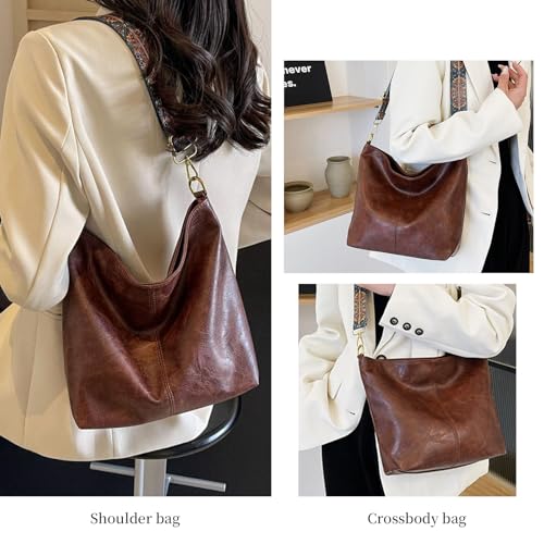 Hobo Bags for Women Crossbody Bag Guitar Strap Purse Vegan Leather Shoulder Handbags Boho Purses Tote Bucket Bag - color: Coffee
