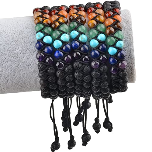 MASSIVE BEADS Double Layer Natural Chakra Healing Power Crystals Macrame Bracelet Yoga Stone Beads Gemstone Meditation Relax Anxiety Bangle for Unisex Women Men - color: 7-Chakras&Lava, size: 4mm