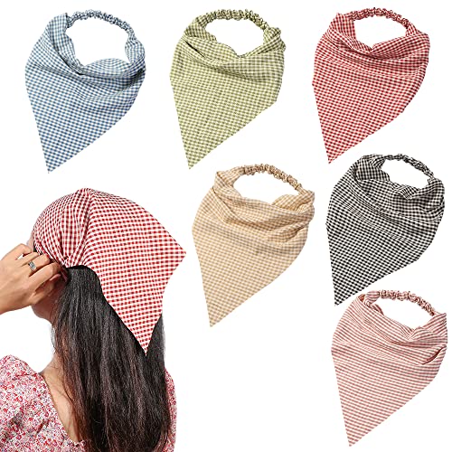 Vercret 6 Pack Hair Scarf Headband for Women Elastic Bandana Head Scarf Large Boho Triangle Kerchief with Clips Non Slip Scarves - color: D Pack Plaid Printed