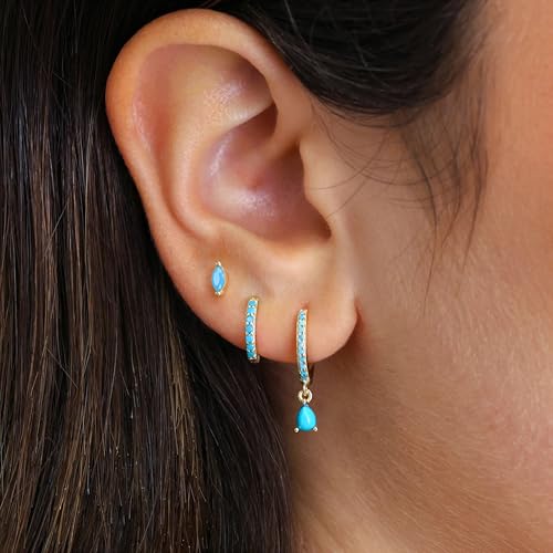 14K Gold Plated Small Huggie Hoop Earrings Set for Women, Hypoallergenic Dainty Sterling Silver Dangle Studs for Cartilage Helix, Lightweight Trendy Cute Stack Birthstone Jewelry Gift - color: Turquoise_Gold