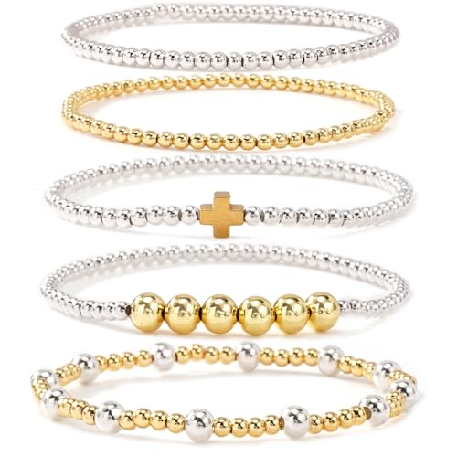 Silver Gold Beaded Bracelets for Women Stackable 14K Gold Plated Beads Ball Cross Bracelet Stack Non Tarnish Elastic Stretch Trendy Jewelry Christian Friendship Christmas Gifts for Women - color: 5pcs-Gold Cross