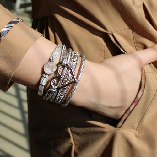 Womens Multi Layer Heart Leather Wrap Bracelet Boho Stackable Cuff Bangle Magnetic Clasp Crystal Birthday Valentine Gift - color: White-gold