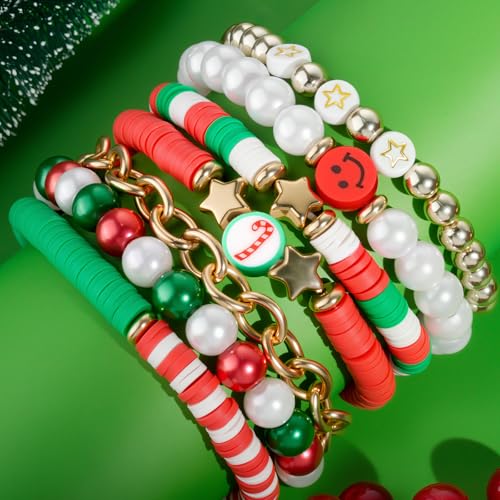Colorful Heishi Surfer Bracelets Set for Women Stackable Clay Beaded Bracelets Disc Stretch Preppy Bracelets Smiley Face Friendship Bracelets Team Cheer Bulk Boho Summer Beach Jewelry Gift - color: Christmas Beads