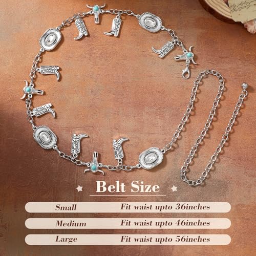 XZQTIVE Women Boho Chain Belts For Dresses Jeans Western Cowgirl Waist Links Belt Adjustable Metal Concho Belt - size: Fit Waist upto 46inches, style: Bull Buckle Silver