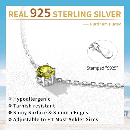 ChicSilver 925 Sterling Silver Anklets for Women, Simple Dainty Round/Heart Birthstone Ankle Bracelet Beach Foot Jewelry, 8.7-10.7 Inch Adjustable - color: 08. Round - August(Peridot)