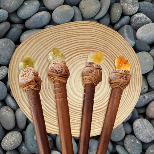 Natural Tumbled Healing Gemstone Crystal Wooden Hair Stick Handmade Gifts Boho Reiki by Smoky Quartz (Citrine raw) - color: Citrine raw