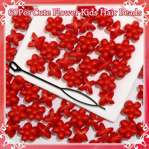 NAISKA 60PCS Valentines Red Beads for Hair Braids Kids Large Hole Hair Beads 2 Styles Dreadlock Bead Loc Jewelry Valentine's Day Braids Accessories for Women Girls - color: Red