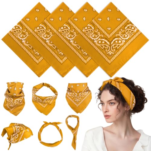 PLULON Bandanas for Men Women 4/12/24/30 Pack, Paisley Pattern Bandana Bulk Headbands Handkerchief Face Mask 100% Polyester - color: Golden Yellow