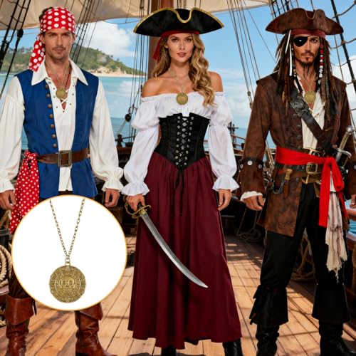 2 PCS Pirate Skull Coin Necklace, Medallion Coin Skull Necklace for Pirate Party Cosplay, Pirates of Halloween Costume Accessories for Women & Men
