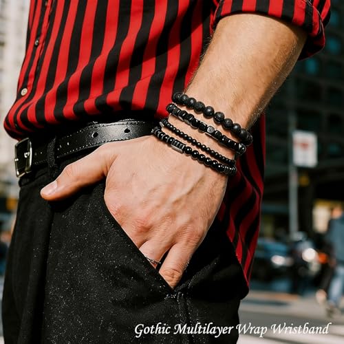 Punk Braided Leather Bracelets for Men Women Gothic Wood Beaded Tribal Wrap Wristband Grunge Emo Multilayer Adjustable Mens Bracelet in Black Brown Fathers Day Gift - color: Black Cross