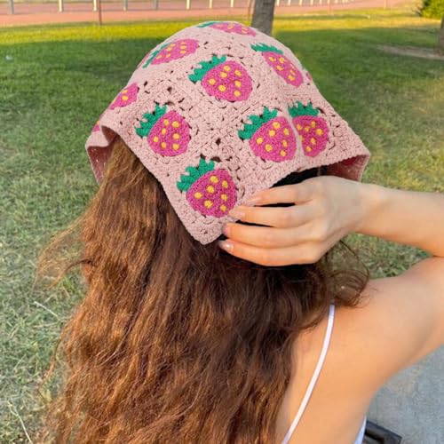 DRESHOW Floral Crochet Hair Bandana Tie Knotted Headscarf Vintage Headband Knitted Head Kerchief for Women Girls - color: 2 Pcs Floral Crochet (Sun Flowers + Strawberries)