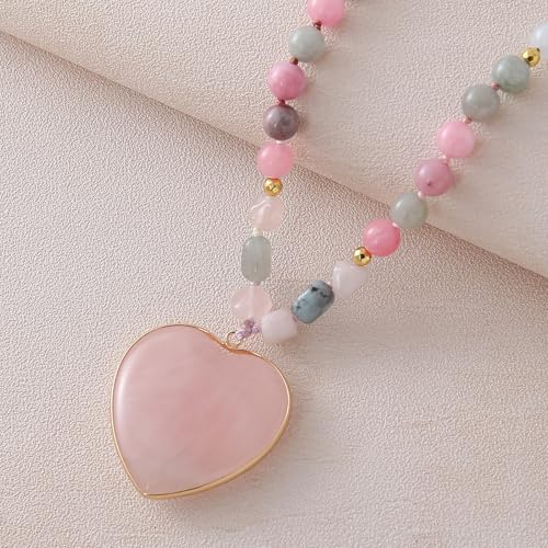 Long Necklaces for Women Boho, Oval Waterdrop Turquoise Pendant, Natural Stone Beaded, Handmade,Vintage & Elegance, Boho Fashion Charm Beaded Necklace for Women - style: L-Heart PinkQuartz Pendant