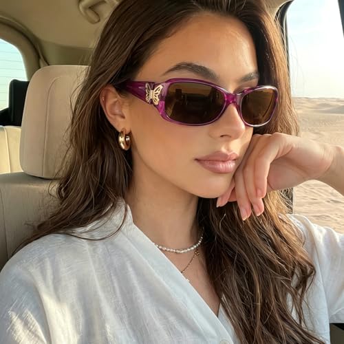 TJUTR Polarized Sunglasses for Women with Wrap Around Butterfly Design, Trendy Jackie-O Style for UV400 Protection - color: A75 Clear Purple Frame Brown Lenses