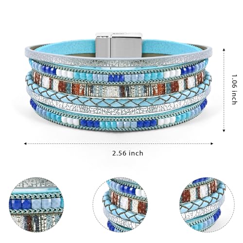 VIBILIA Boho Leather Wrap Bracelets for Women Multi-Layer Bracelets with Strong Clasp Jewelry for Women - color: 03-BohoBraid-Blue