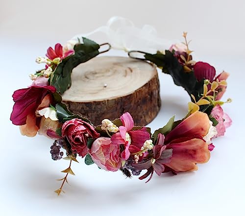 Vivivalue Wedding Flower Crown Adjustable Flower Headband Hair Wreath Floral Headpiece Halo Boho Party Prom Festival Photos - color: R