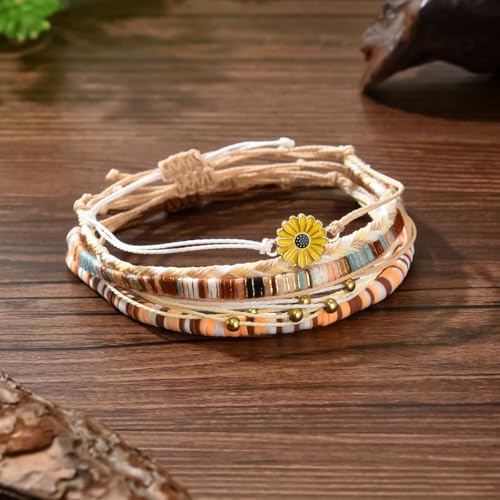 Beach Summer Ankle Bracelet for Women Handmade Braided Adjustable String Anklets Waterproof Surfer Bracelet - color: flower/brown