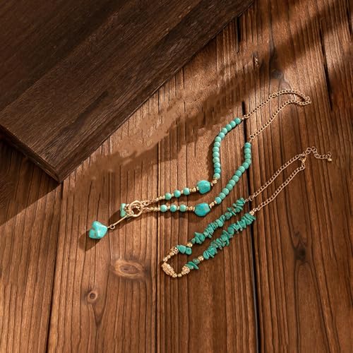 Gold Turquoise Beaded Necklace for Women Layered Bead Necklaces Vintage Turquoises Choker Necklace Boho Turquoises Jewelry Western Handmade Toggle Jewelry - color: 2PCS Turquoise Necklace