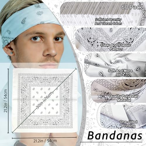 ILHSTY 60 Pcs Women Men Paisley Bandanas Bulk Unisex Bandanas Head Cowboy Scarf Necktie handkerchief Party Supplies - color: White