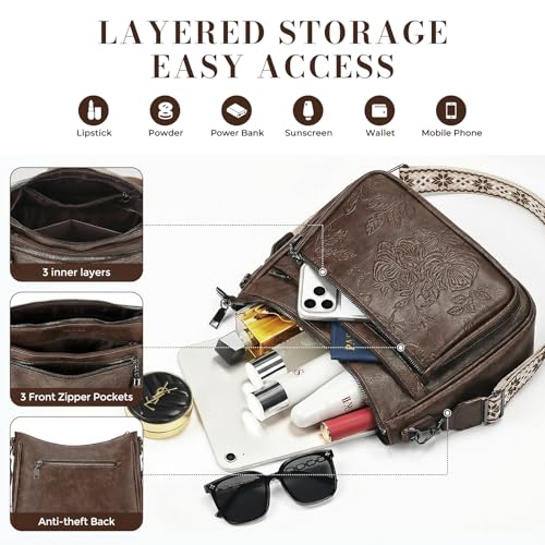 Crossbody Bags for Women, Vegan Leather Medium Crossbody Purse, Spacious Daily Travel Shoulder Bag with Boho Strap - color: Coffee Brown