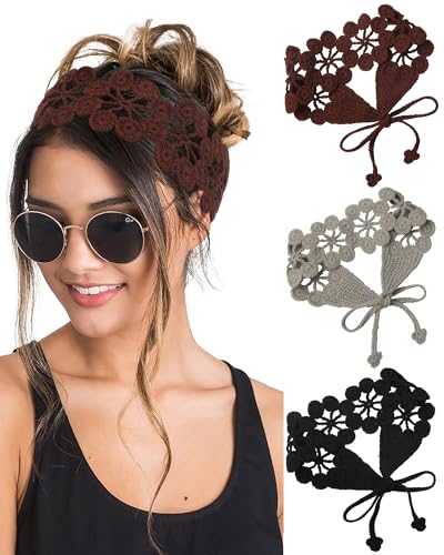 HAIMEIKANG Hippie Hair Bandanas Headbands for Women Boho Headband Knit Hair Bands Floral Head Wrap for Girls(Black + Brown + Gray) - color: Black + Brown + Gray
