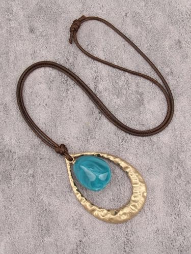 GelConnie Leather Necklace for Women Round Wooden Pendant Long Leather Choker Vintage Sweater Necklace Gold Chunky Boho Necklaces for Women - style: Blue Stone Leather Necklace