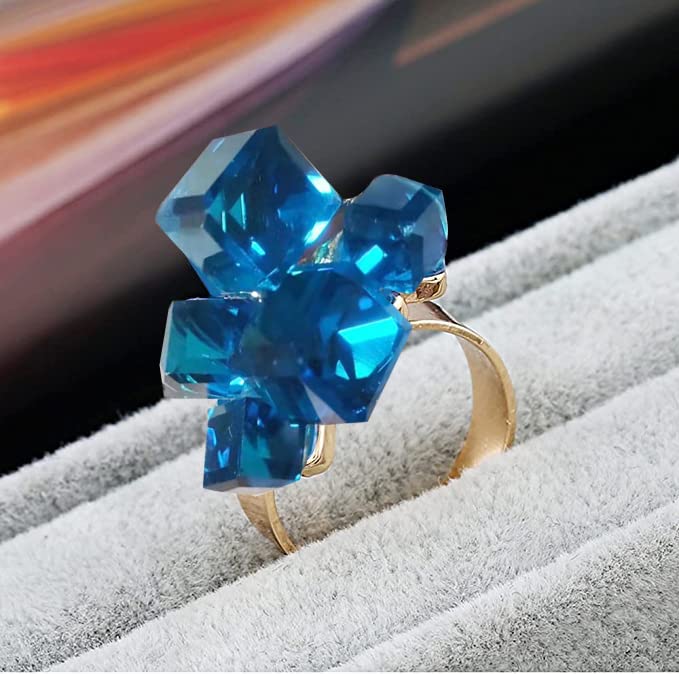 Hebelee Boho Square Crystal Statement Ring for Women Gold-Toned Adjustable Expandable Promise Engagement Geometric Rings Comfort Fit Elegant Art Deco Birthday Christmas Cocktail Party Y2K Jewelry - color: Light Blue