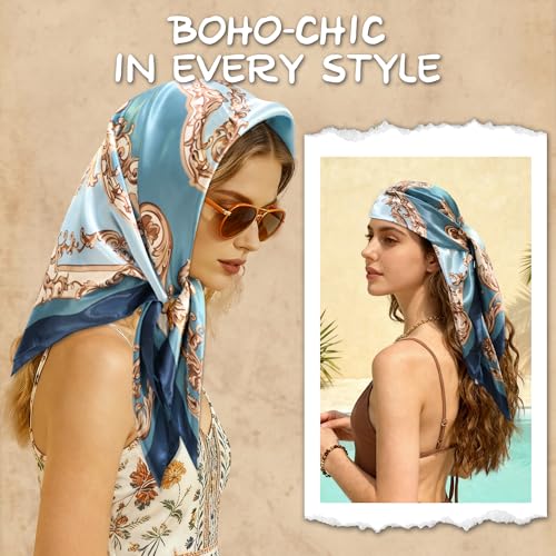 Large Square Head Scarf Bandana - 35" Satin Hair Scarf for Women Like Silk Scarf Fashion Hair Wrapping - color: Baroque Scroll(blue), size: 35IN*35IN