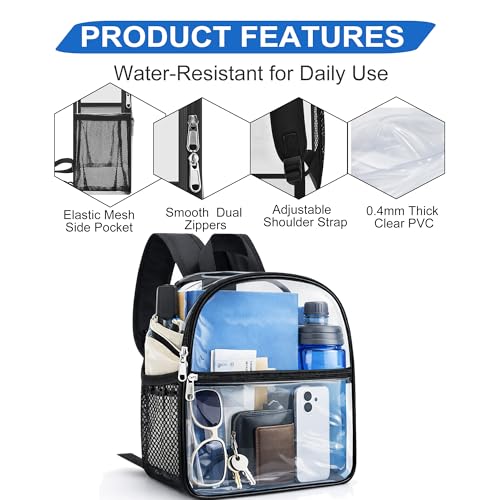 Oraben Clear Backpack Stadium Approved, Clear Bag 12 x 6 x 11 in, Small Transparent Backpack for Concerts, Sports Events, Festivals, Waterproof, Adjustable Straps, Women Men - color: Black, style: Enhanced Strap
