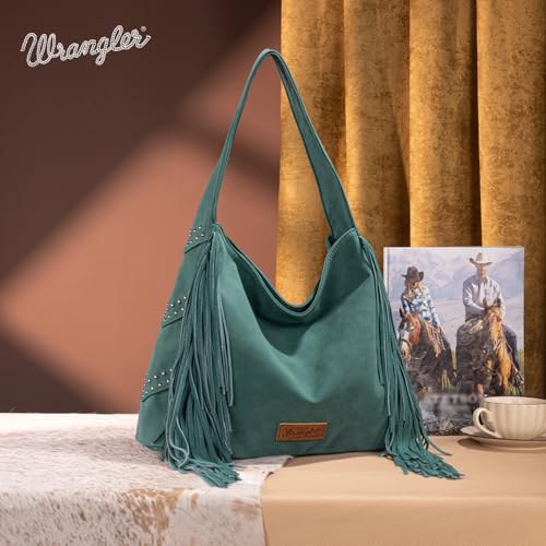 Wrangler Fringe Suede Hobo Bag for Women Leather Western Fringe Purse Tassel Hippie Shoulder Bag - color: Turquoise