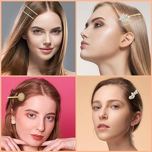 10 Pieces Rhinestone Hair Clips, Crystal Bobby Hair Pins Decorative Rhinestone Hair Barrettes for Wedding, Leaf Feather Sunflower Hair Clips Metal Hair Accessories for Women,4 Styles(Gold) - color: gold