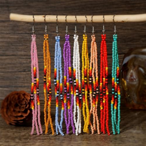 Native Long Beaded Tassel Earrings for Women, Boho Handmade Colorful Beads Statement Dangle Earing Prom Jewelry Gift. - color: Red