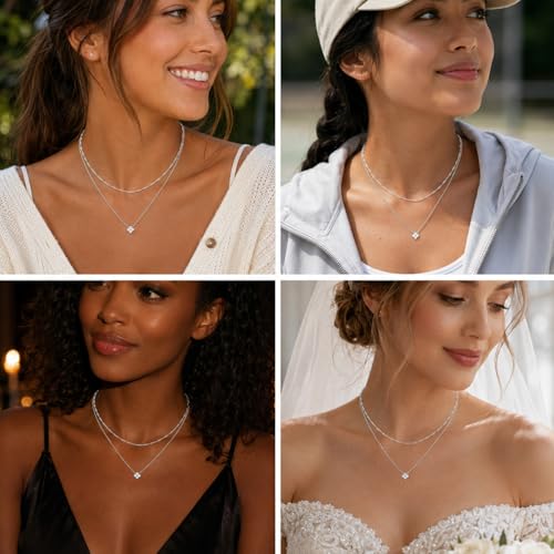 Dainty Gold Necklaces for Women Trendy Non Tarnish 14K Gold Plated Cubic Zirconia Necklace Layered Simple Cute Four Leaf Clover Choker Jewelry Birthday Gifts - color: Silver, style: Layered CZ