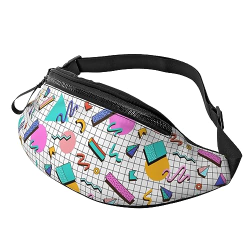 Bright 80s 90s Abstract Shapes Memphis Style Fashion Casual Fanny Pack Waist Bag Men Women Adjustable Belt Waist Bag For Travel Hiking Cycling Running Festival Carnival - color: Black20
