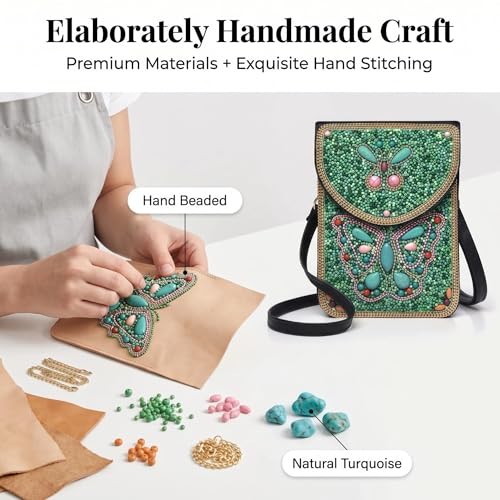 Small Crossbody Bags for Women Designer Cell Phone Bag Boho Shoulder Wallet Purse - color: Green Butterfly