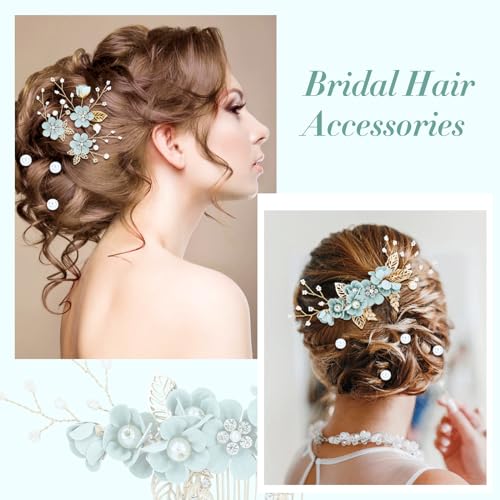 inSowni 20 Pieces Rhinestone Pearl Bridal Wedding Party Prom Light Green Flower Hair Side Combs Slides +U-shaped Floral Hair Pins+Twist Spiral Pearl Hairpins for Brides Bridesmaids Girls Women - color: Light Green