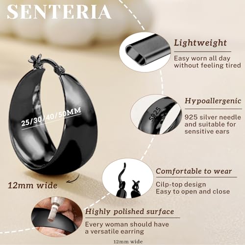 Senteria 12mm Wide Thick Hoop Earrings 925 Sterling Silver Hoop Earrings for Women Hypoallergenic 14K Real Gold Plated Hoops Large Earring Lightweight Chunky Hoops Earring for Women 25/30/40/50MM - color: Black-50mm