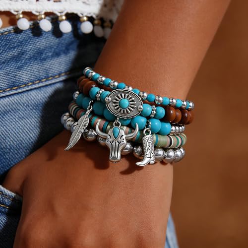 Western Turquoise Beaded Bracelet Stack - Vintage Cowgirl Stretch Set with Bull Skull, Feather & Boot Charms, Handmade Boho Jewelry for Rodeo, Country Concerts & Casual Western Outfits - style: Cow